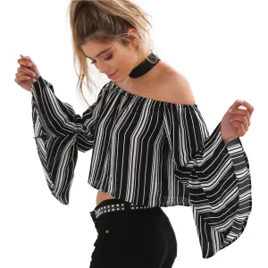 Summer Women Striped Sexy Slash Neck Long Flare Sleeve Boardwalk Off Shoulder Crop Tops Plus Size Women's T Shirts