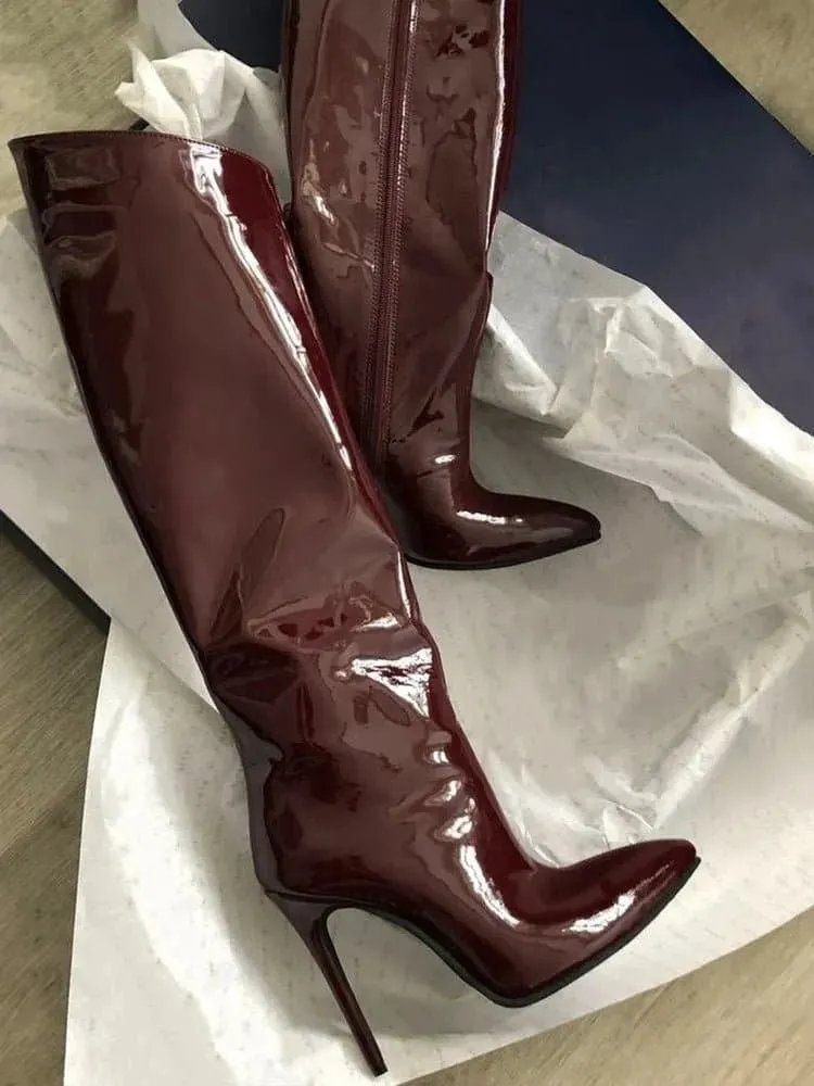 Thigh High Mirror High Heel Boots - Sexy Patent Leather Knee-High Boots with Bling for Women (12CM/10CM)