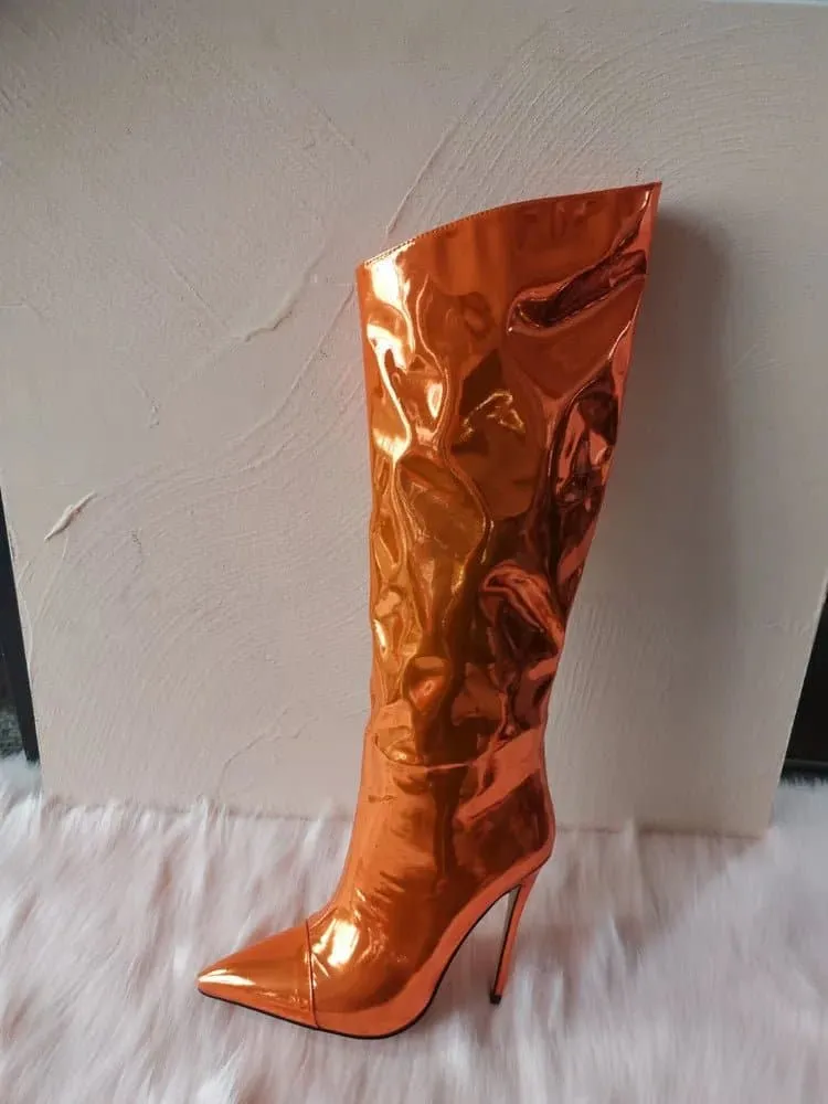 Thigh High Mirror High Heel Boots - Sexy Patent Leather Knee-High Boots with Bling for Women (12CM/10CM)