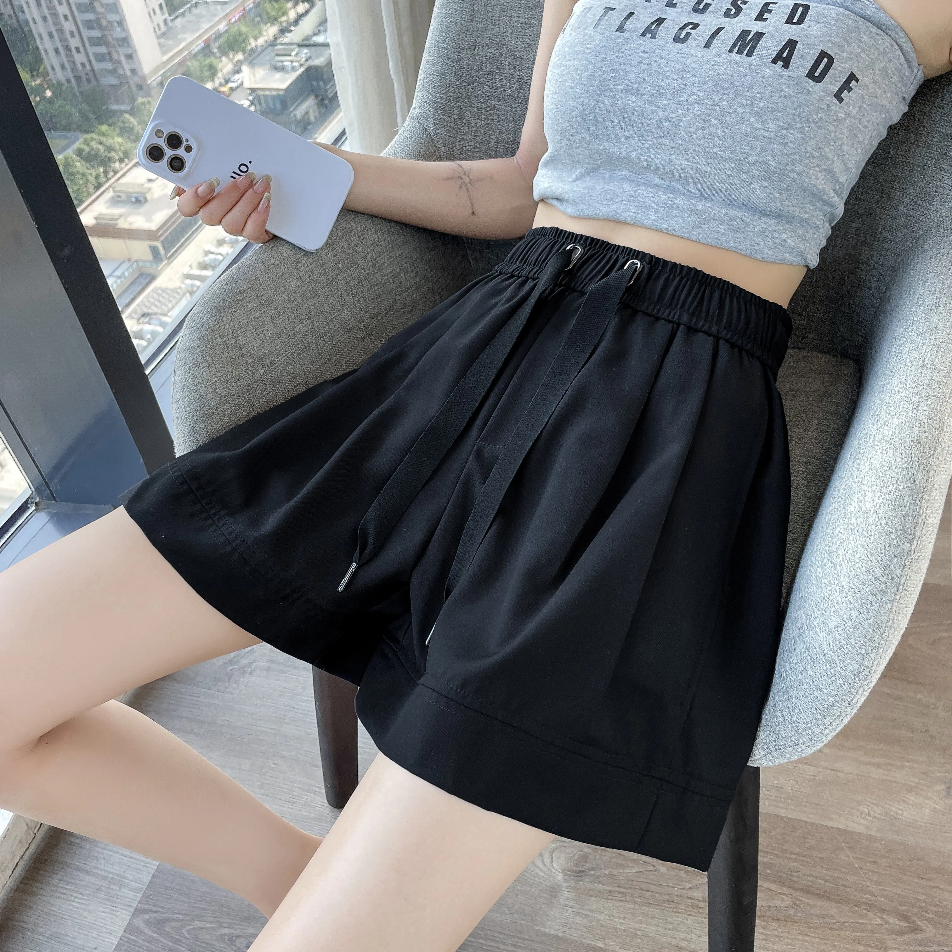 Thin Wide-Leg High-Waisted Loose-Fit Silky Drawstring Waist Sports Shorts