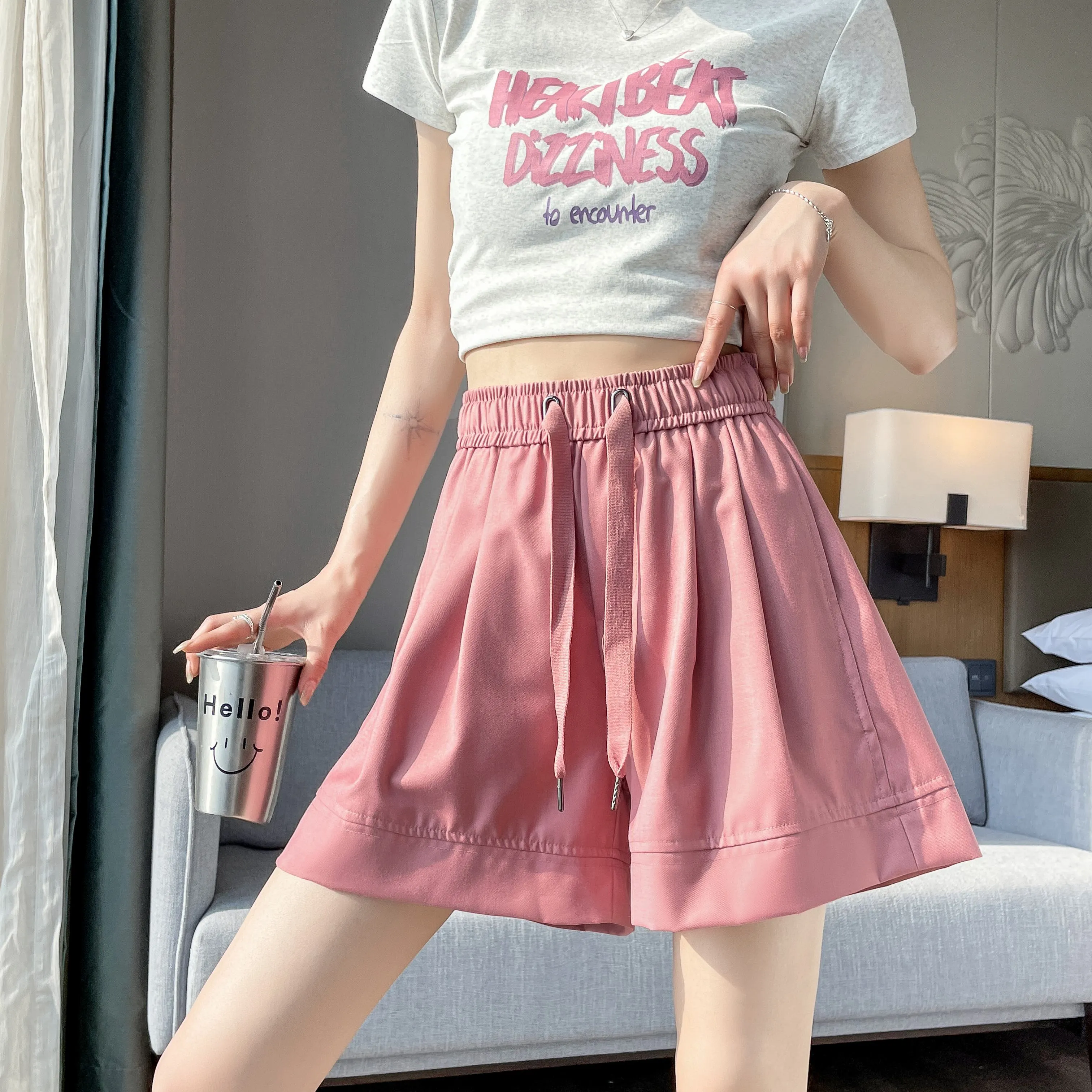 Thin Wide-Leg High-Waisted Loose-Fit Silky Drawstring Waist Sports Shorts