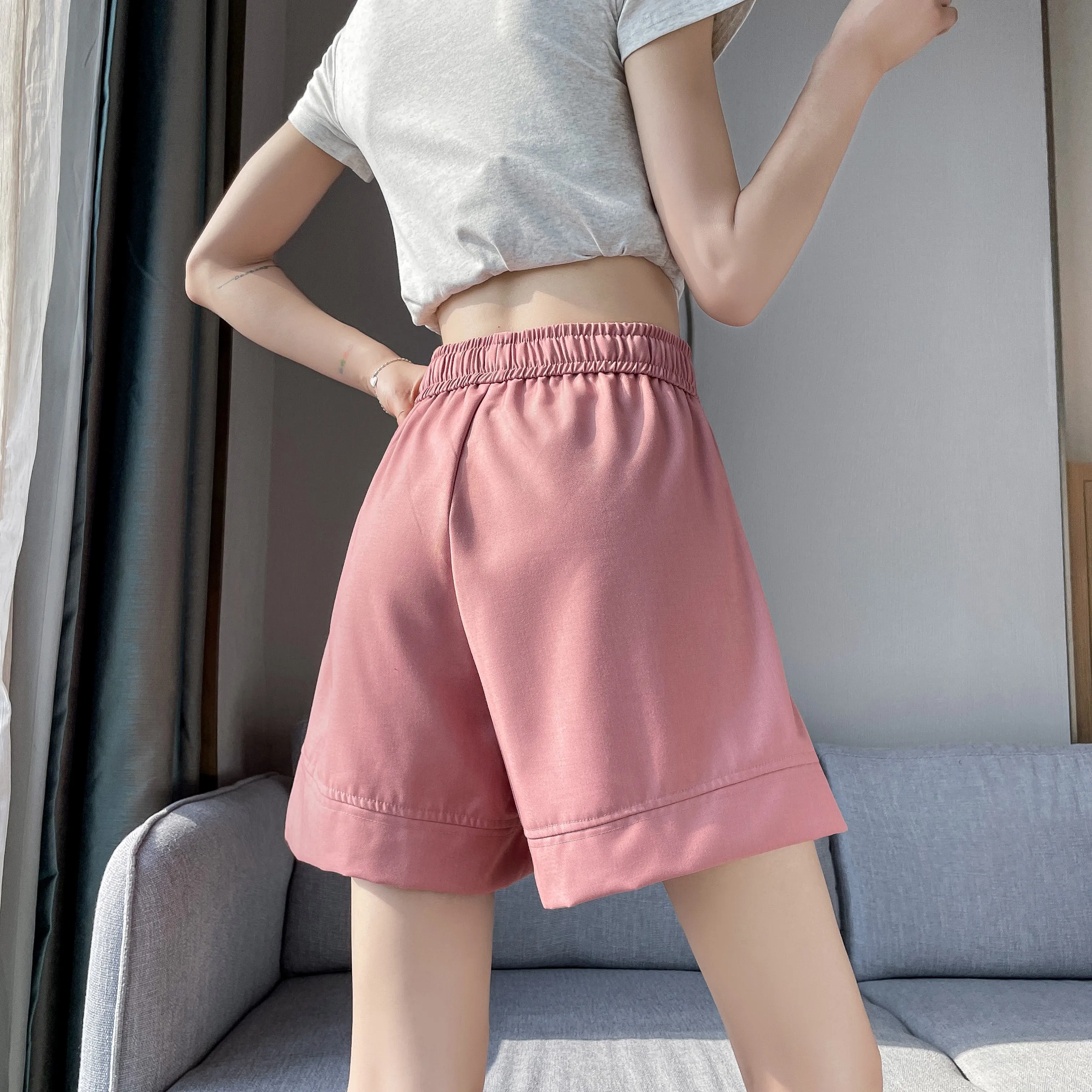 Thin Wide-Leg High-Waisted Loose-Fit Silky Drawstring Waist Sports Shorts