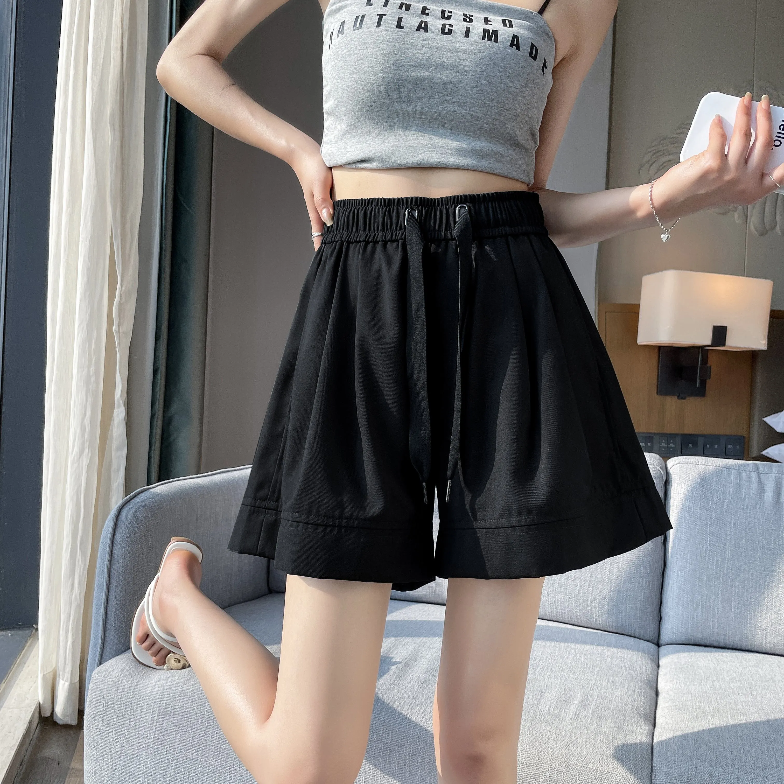 Thin Wide-Leg High-Waisted Loose-Fit Silky Drawstring Waist Sports Shorts