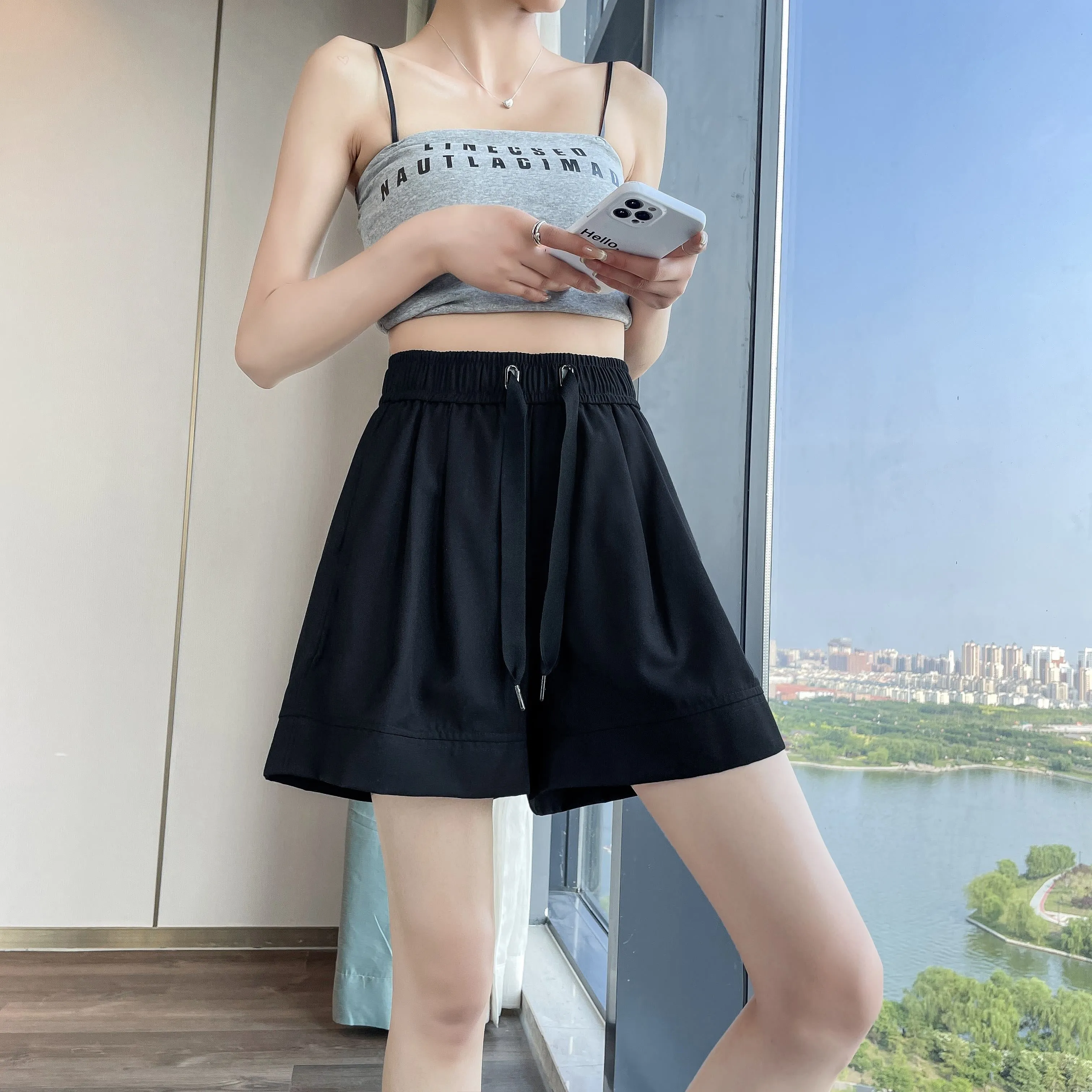 Thin Wide-Leg High-Waisted Loose-Fit Silky Drawstring Waist Sports Shorts