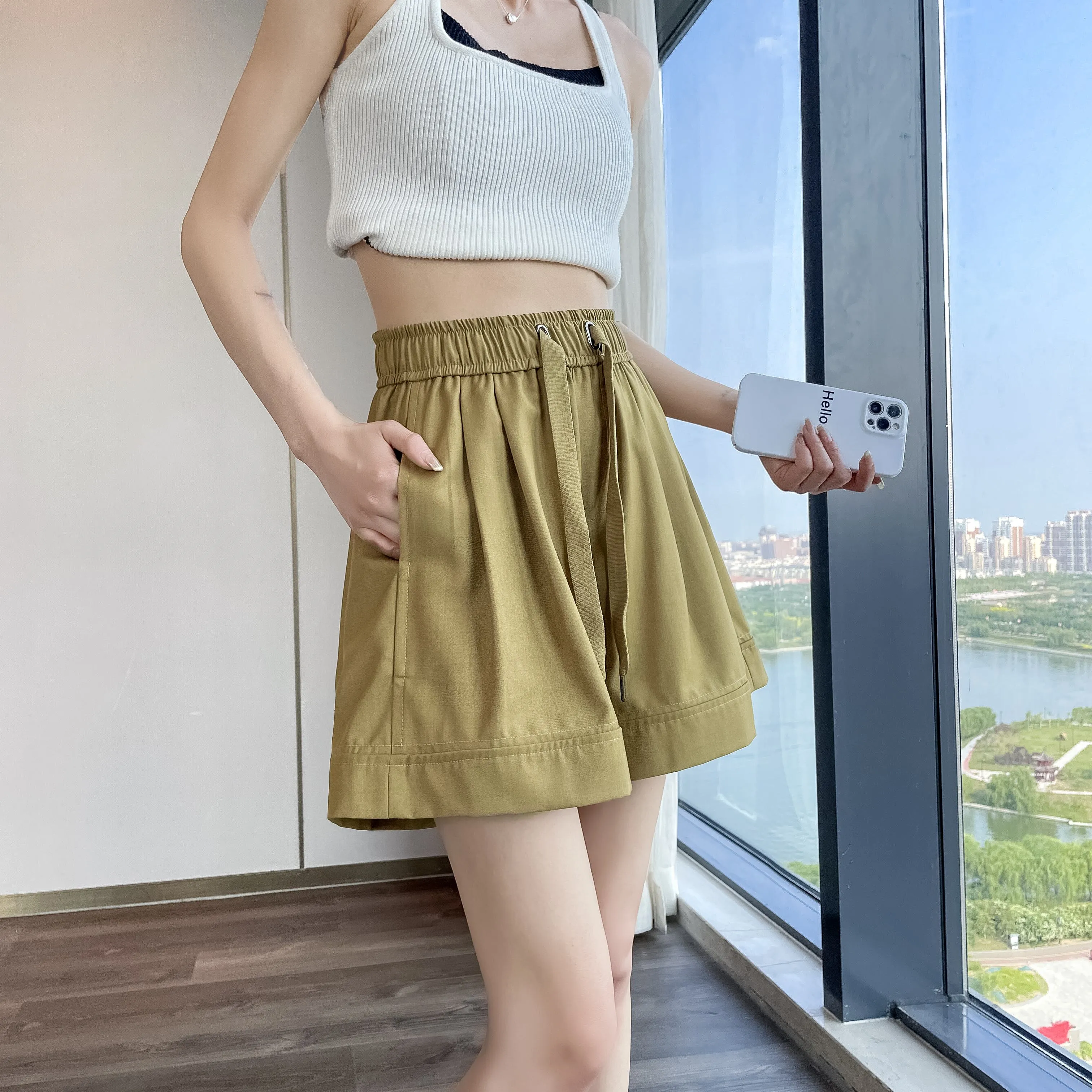 Thin Wide-Leg High-Waisted Loose-Fit Silky Drawstring Waist Sports Shorts