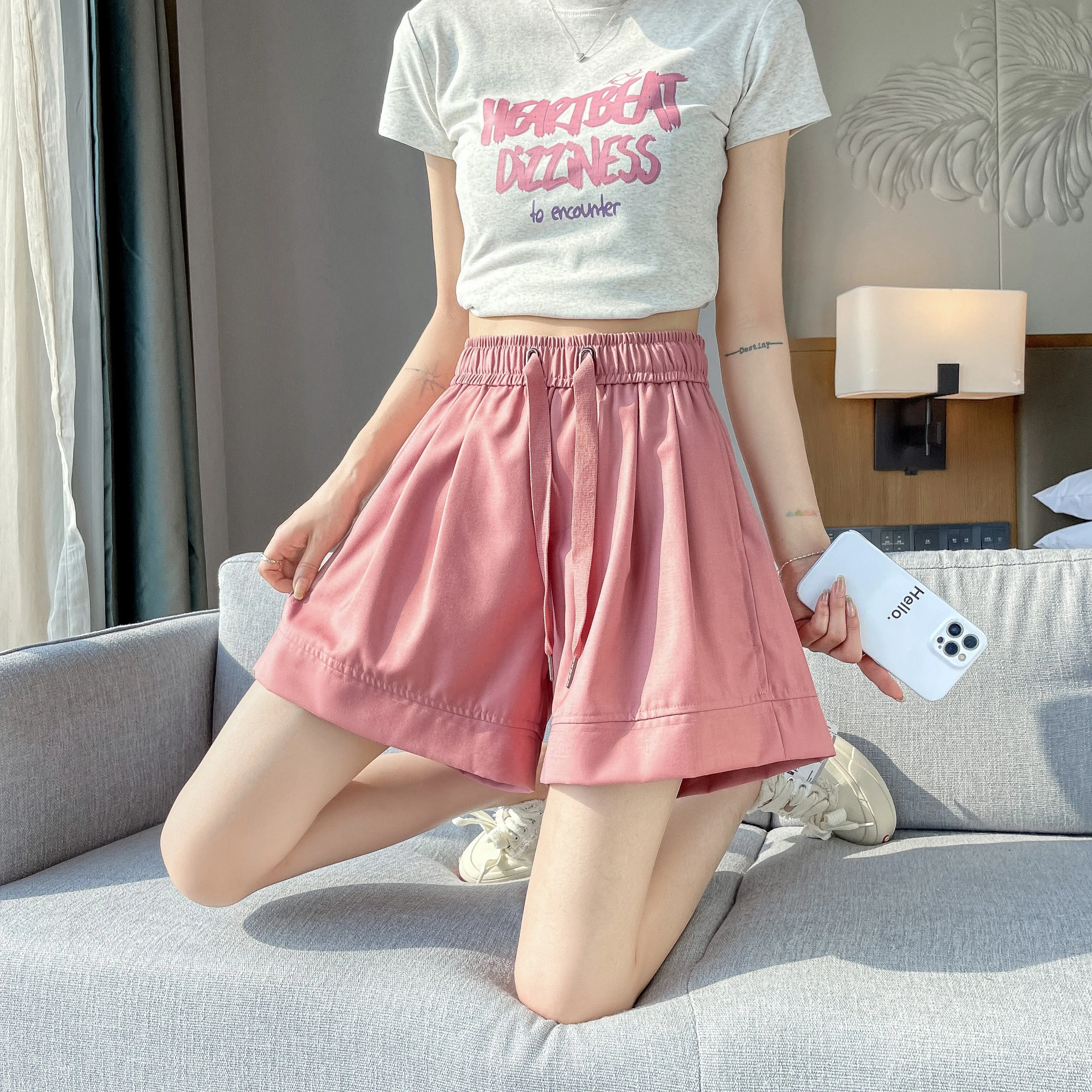 Thin Wide-Leg High-Waisted Loose-Fit Silky Drawstring Waist Sports Shorts