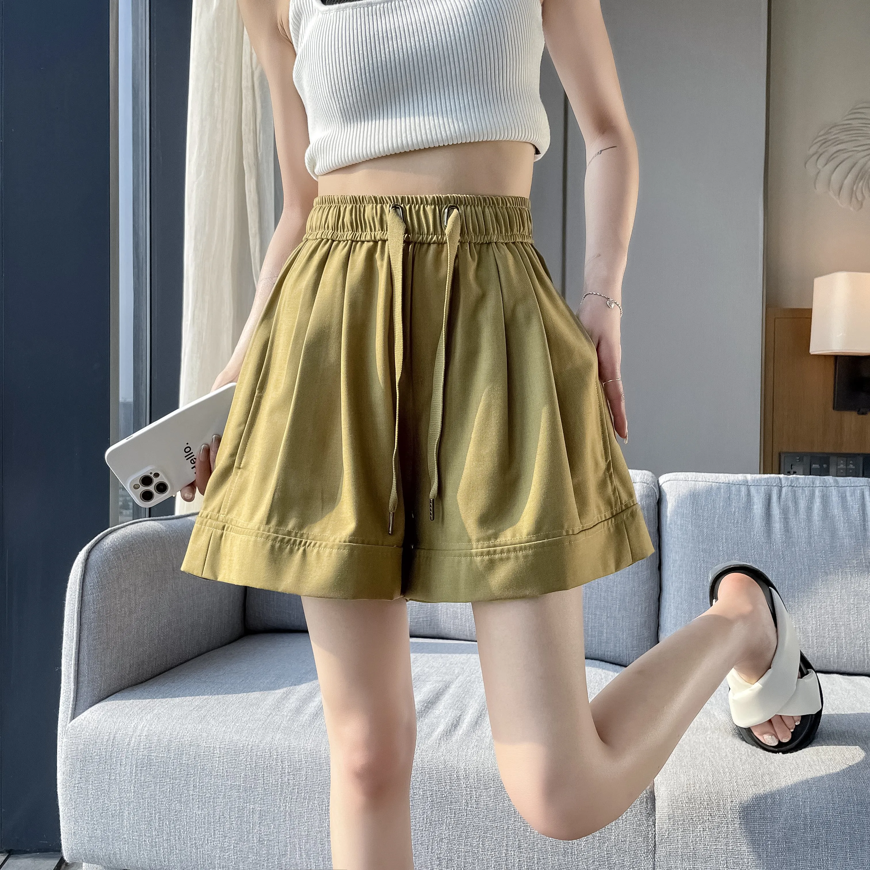 Thin Wide-Leg High-Waisted Loose-Fit Silky Drawstring Waist Sports Shorts