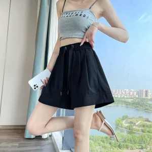 Thin Wide-Leg High-Waisted Loose-Fit Silky Drawstring Waist Sports Shorts