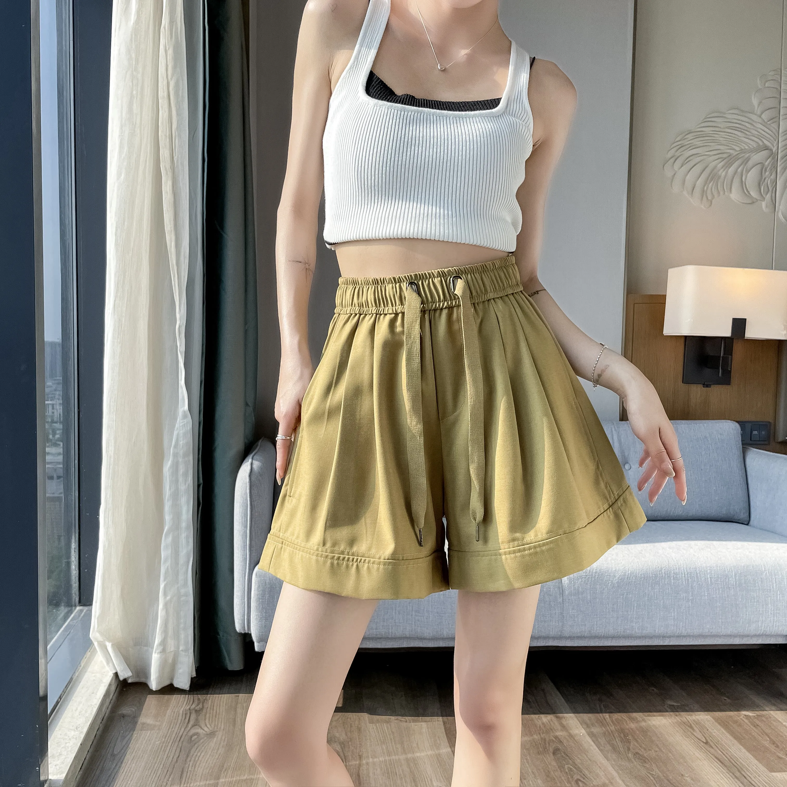 Thin Wide-Leg High-Waisted Loose-Fit Silky Drawstring Waist Sports Shorts