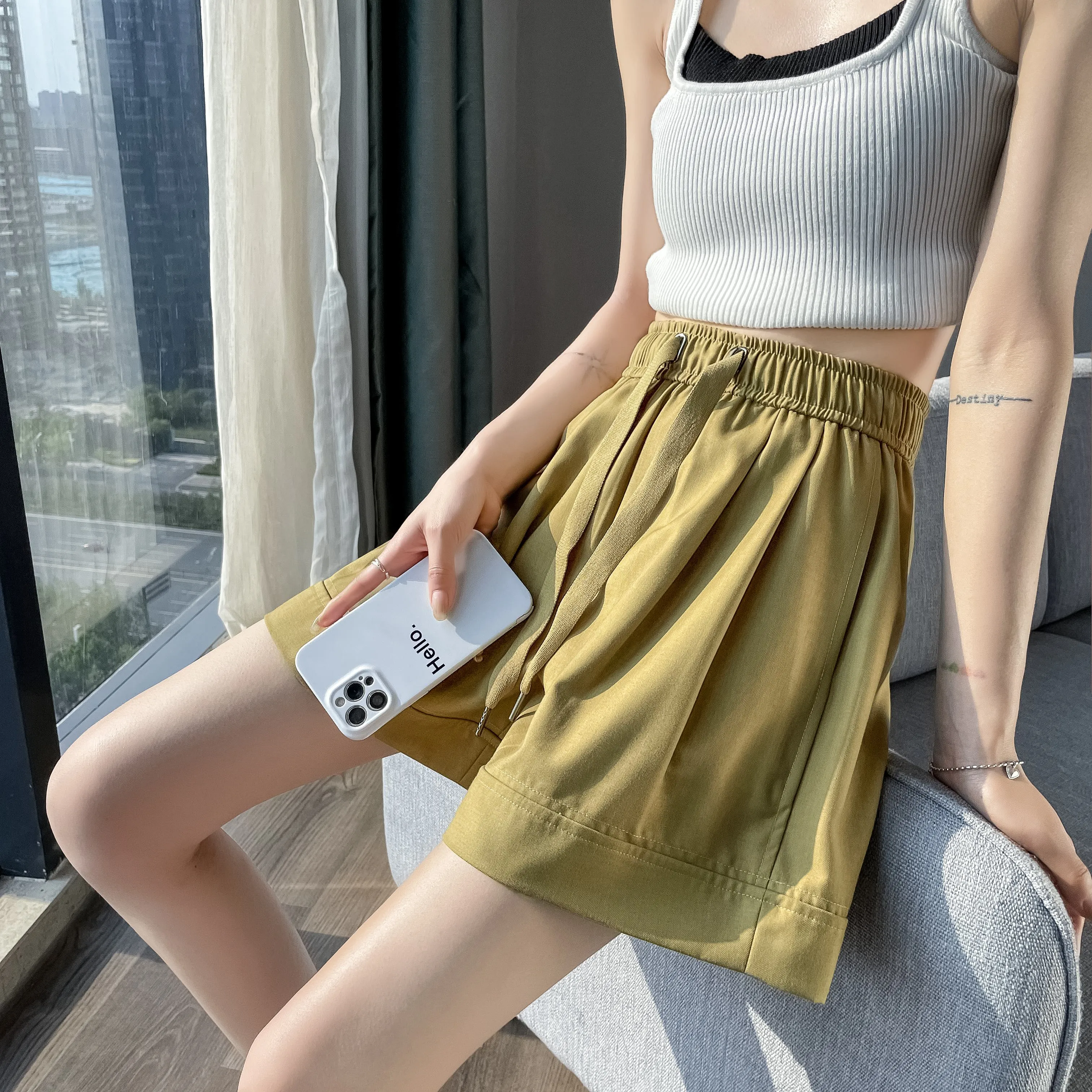 Thin Wide-Leg High-Waisted Loose-Fit Silky Drawstring Waist Sports Shorts