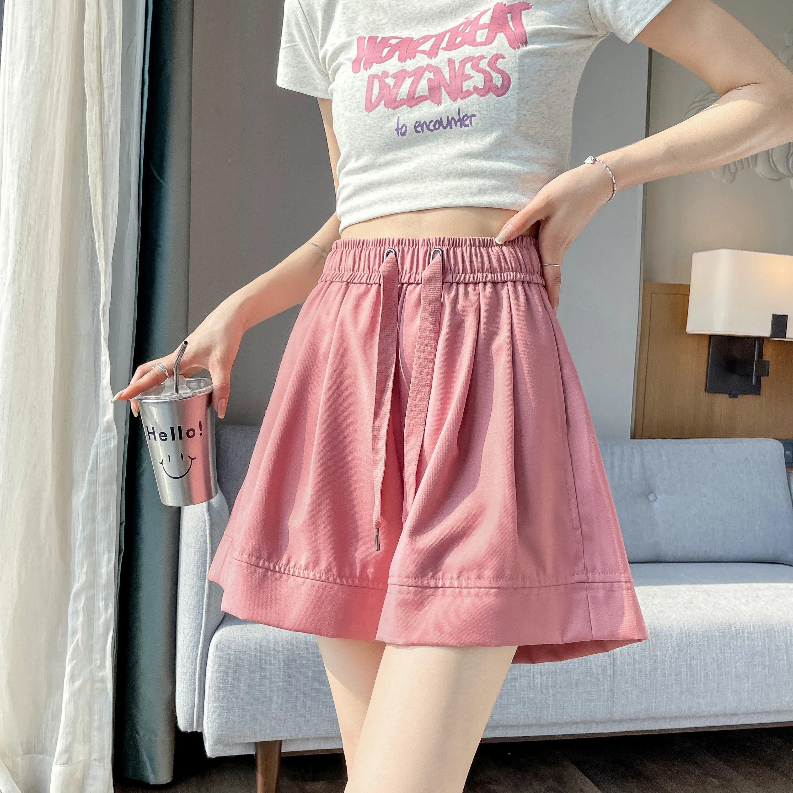 Thin Wide-Leg High-Waisted Loose-Fit Silky Drawstring Waist Sports Shorts