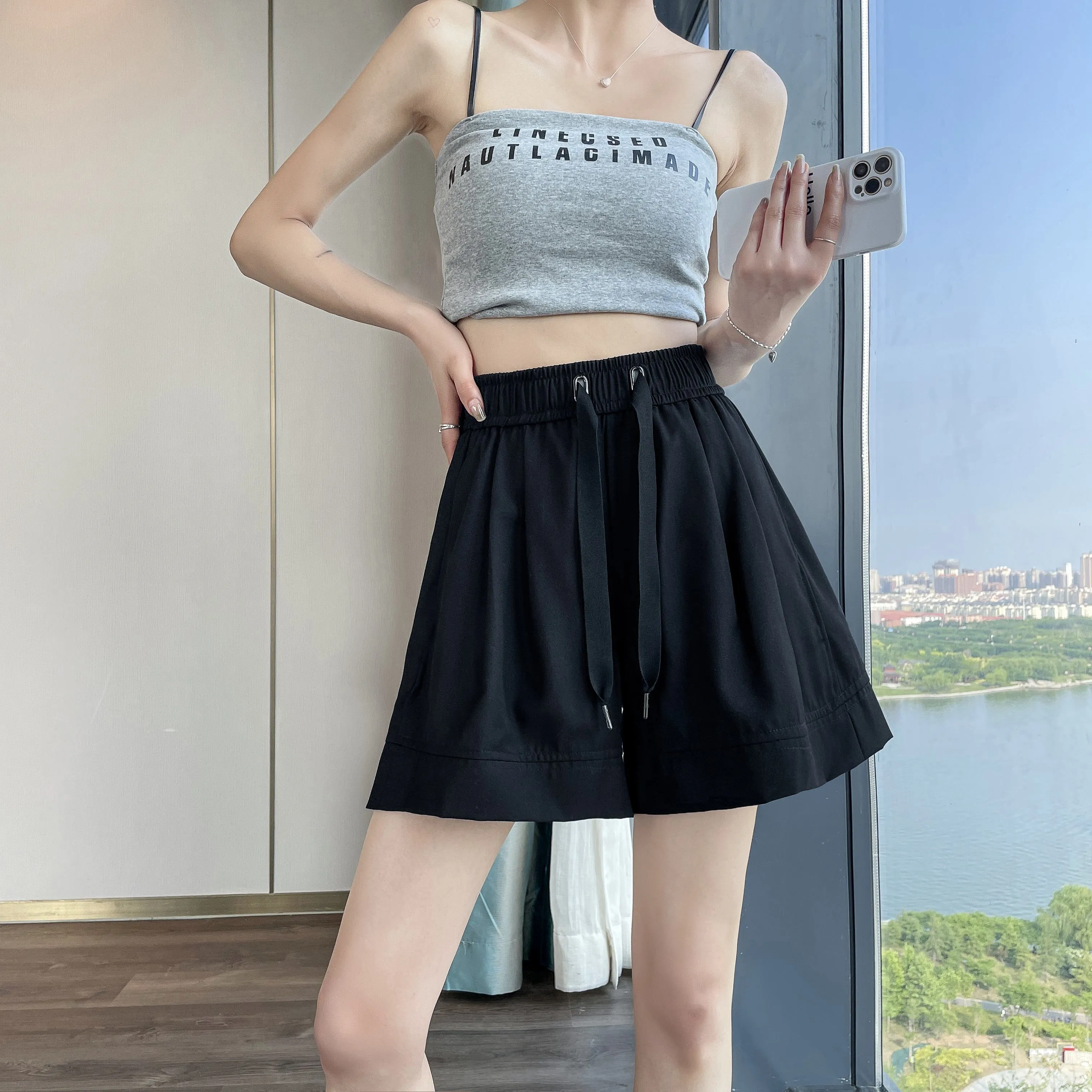 Thin Wide-Leg High-Waisted Loose-Fit Silky Drawstring Waist Sports Shorts