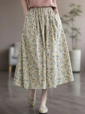 Toleet-Johnature Women Vintage Print Floral Skirts Elastic Waist Sweet Clothes 2023 Summer New Cotton Linen Women Casual A-Line Skirts