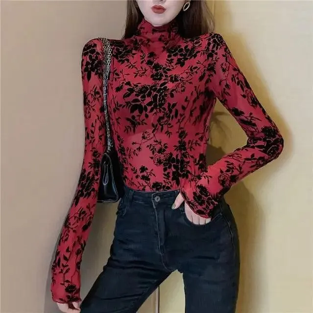 Transparent Flocking Mesh Blouses Shirts for Women