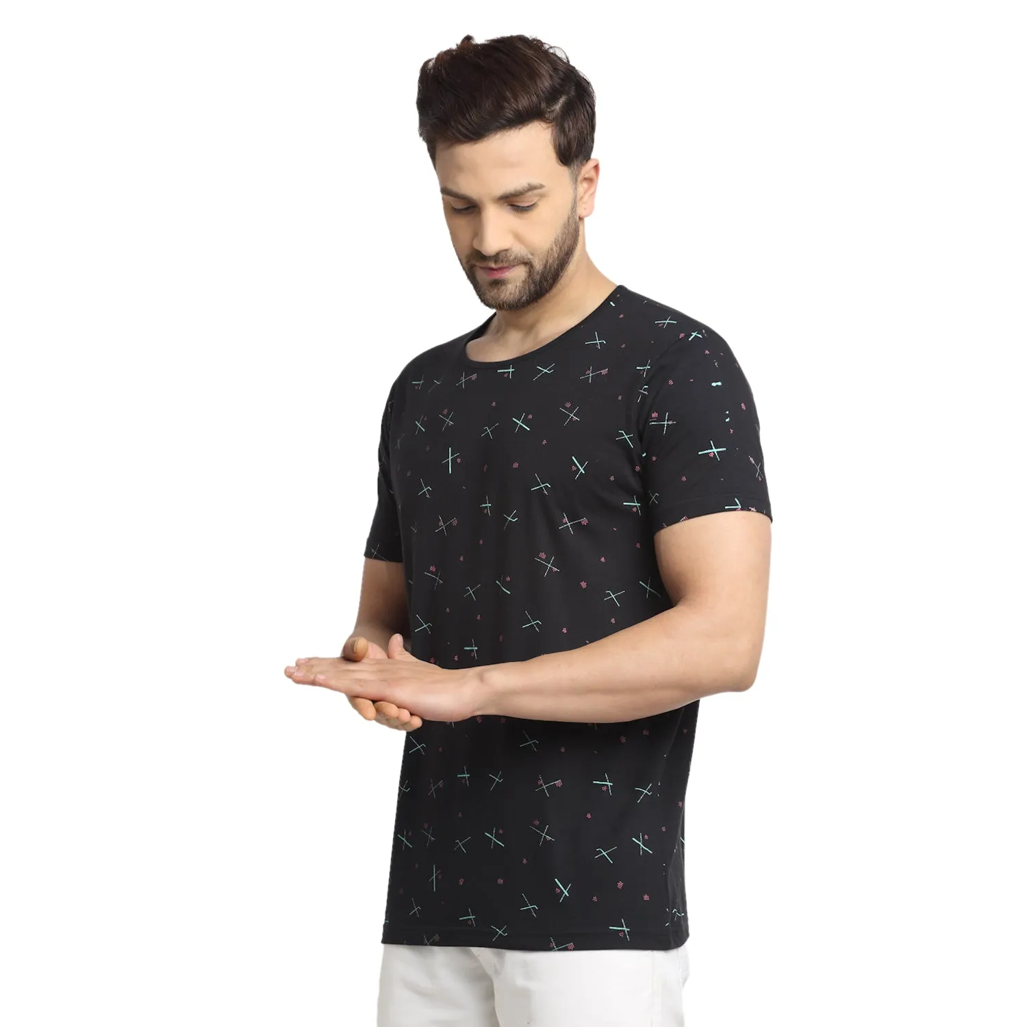 VIMAL JONNEY Men's Black Printed Round Neck Tshirt