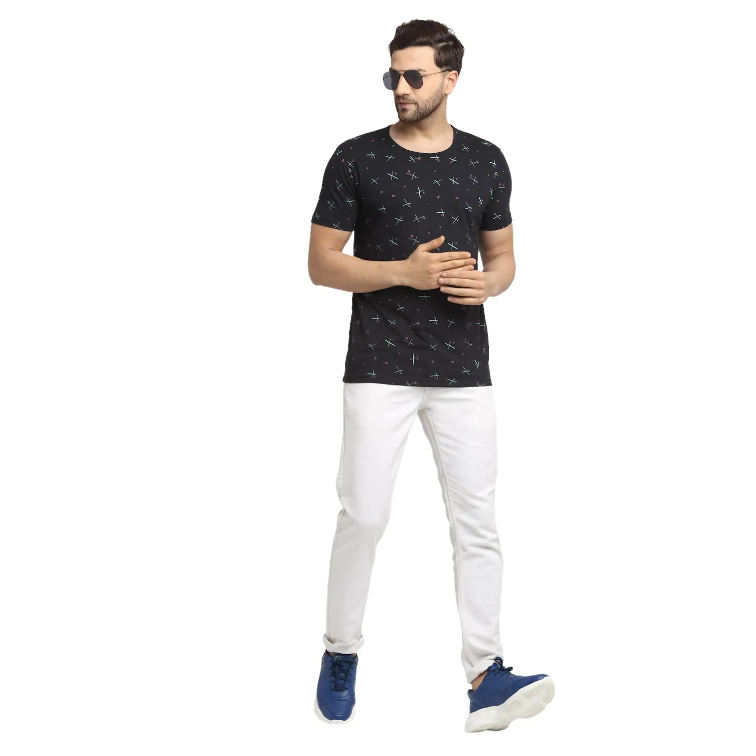 VIMAL JONNEY Men's Black Printed Round Neck Tshirt