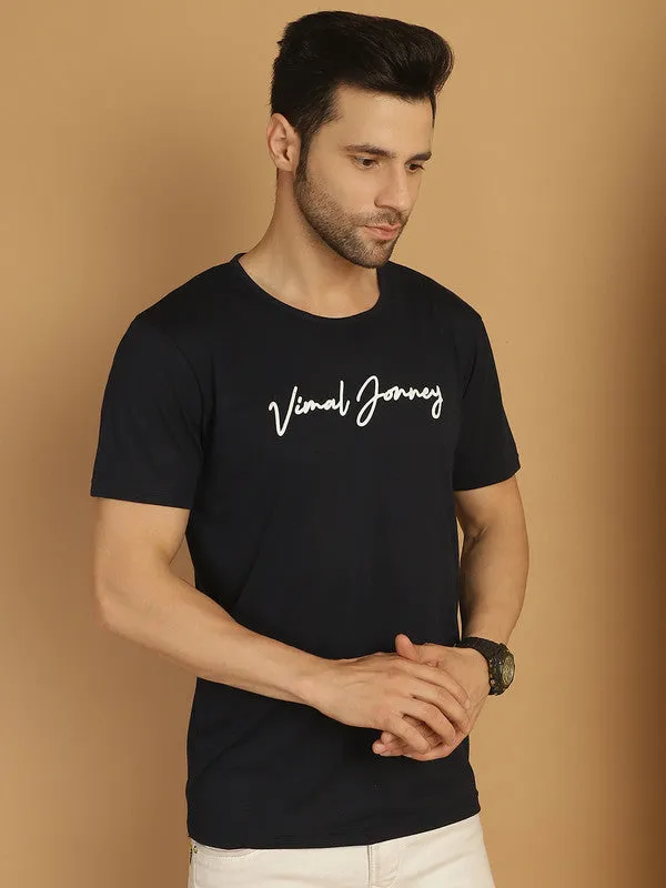 Vimal Jonney Navy Blue Logo Printed Round Neck Cotton Half sleeves Tshirt For Men