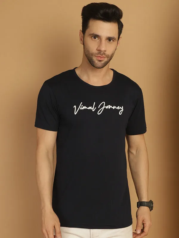 Vimal Jonney Navy Blue Logo Printed Round Neck Cotton Half sleeves Tshirt For Men