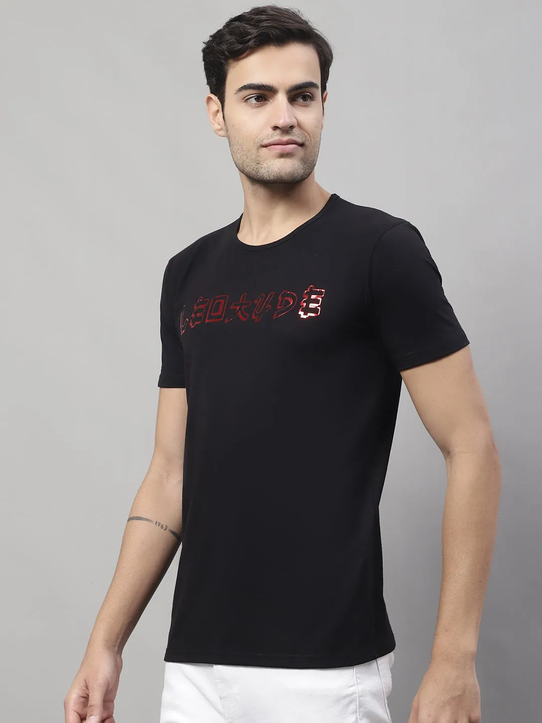 Vimal Jonney Round Neck Cotton Printed Black T-Shirt for Men