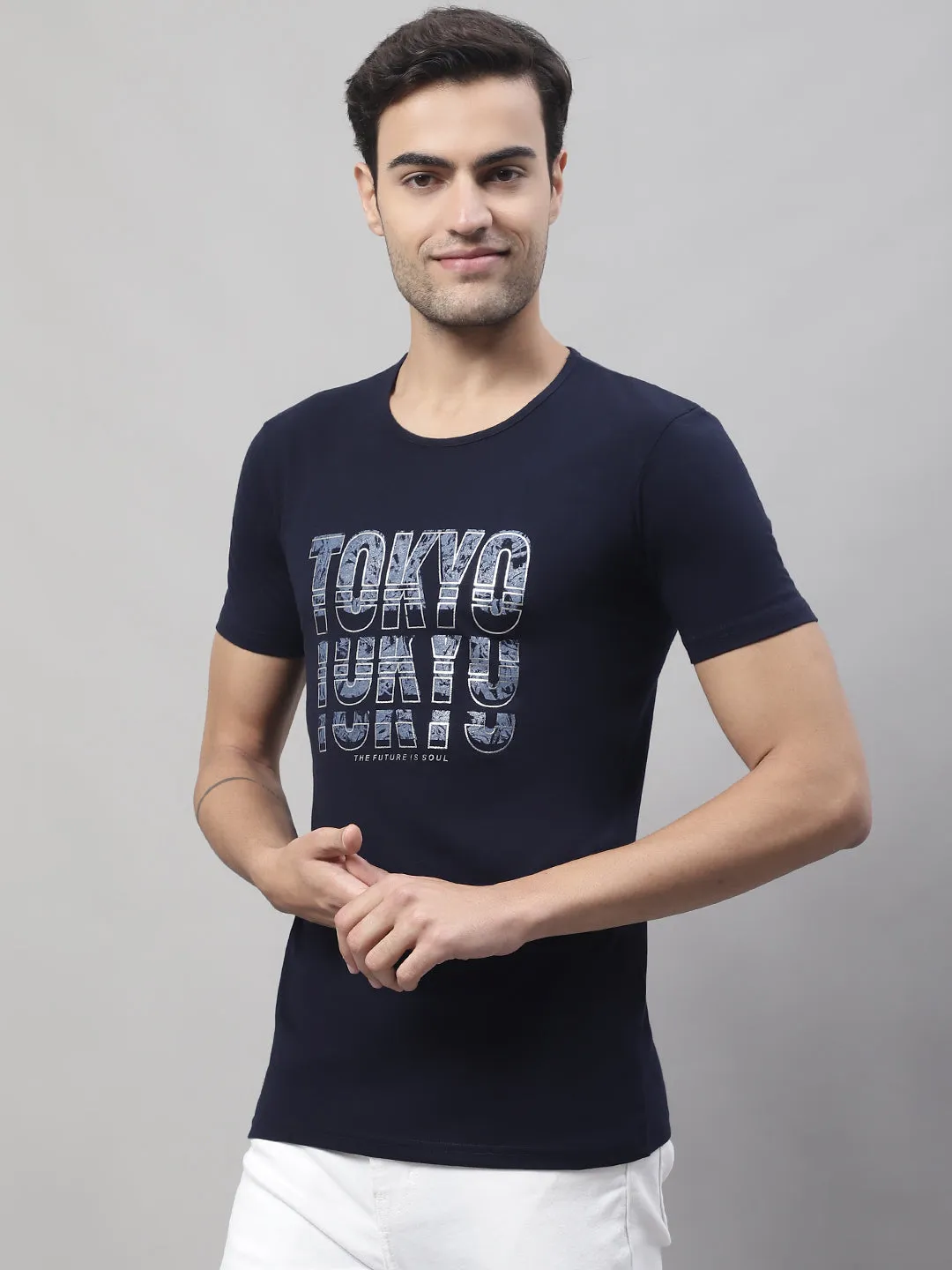 Vimal Jonney Round Neck Cotton Printed Navy Blue T-Shirt for Men