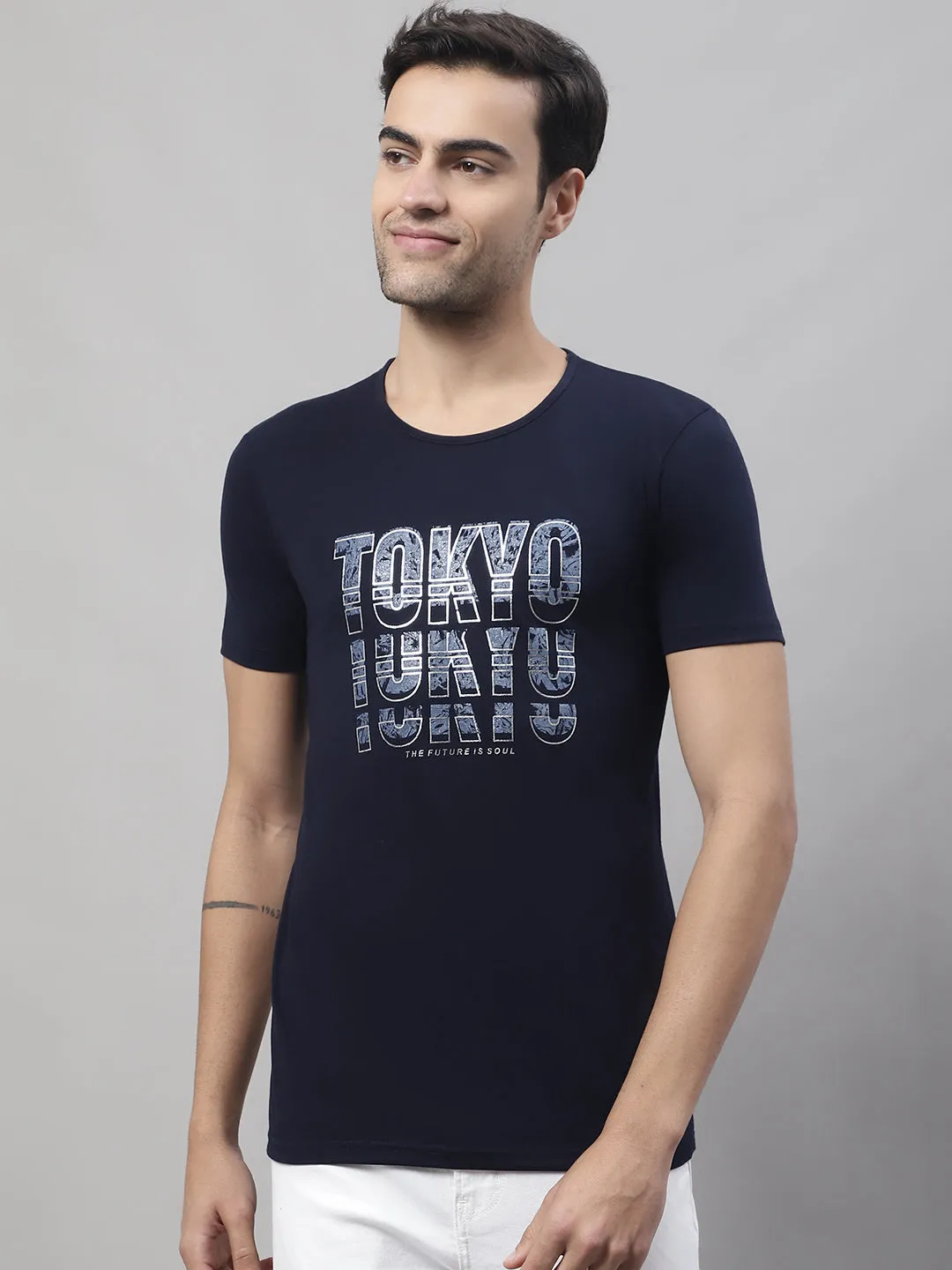 Vimal Jonney Round Neck Cotton Printed Navy Blue T-Shirt for Men