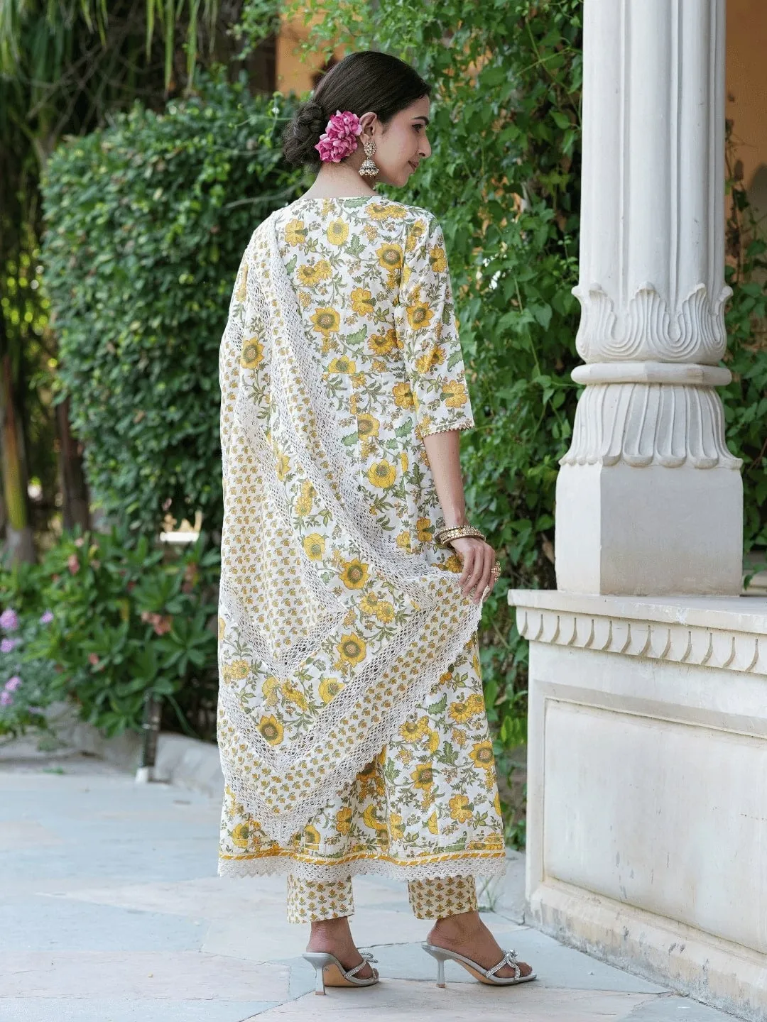 White Floral Printed Angrakha Pure Cotton Kurta With Trousers & Dupatta Set