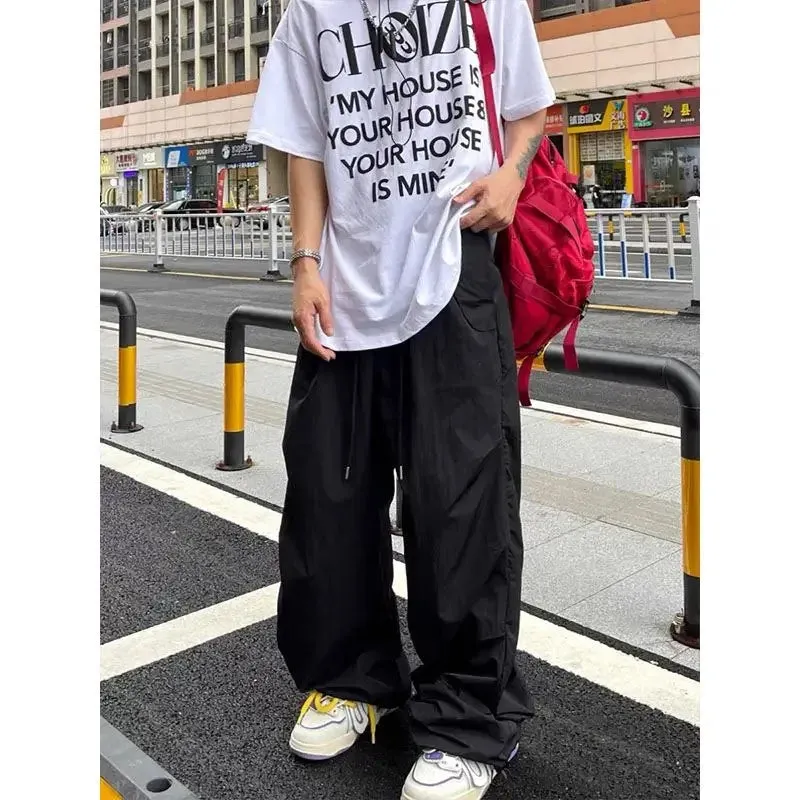 Wiaofellas  -  New High Street Retro Paratrooper Cargo Pants Men and Women Korean Fashion Streetwear Drawstring Loose Straight Wide Leg Pants