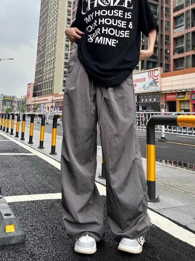 Wiaofellas  -  New High Street Retro Paratrooper Cargo Pants Men and Women Korean Fashion Streetwear Drawstring Loose Straight Wide Leg Pants