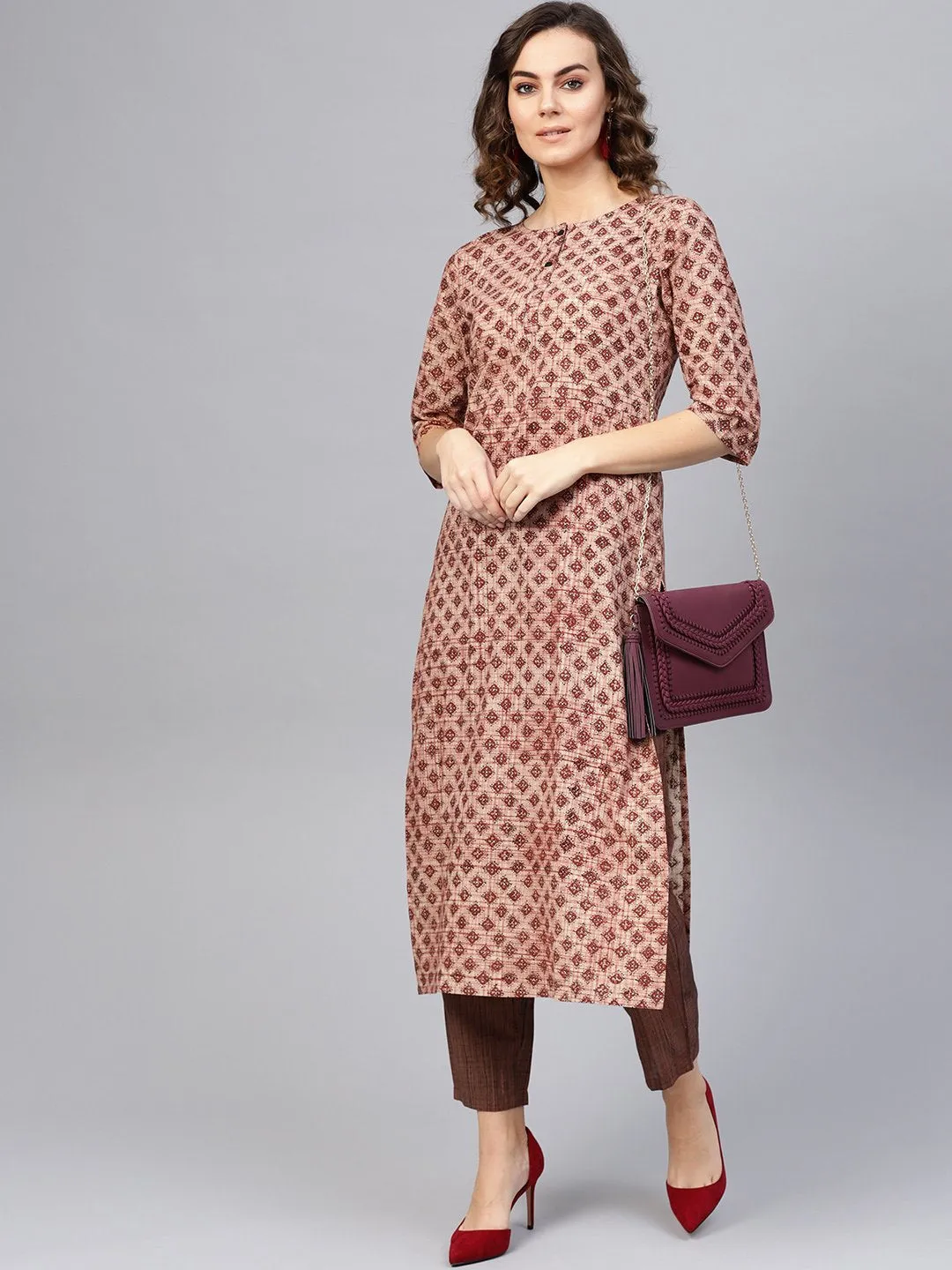 Women Beige & Brown Printed Kurta With Trousers