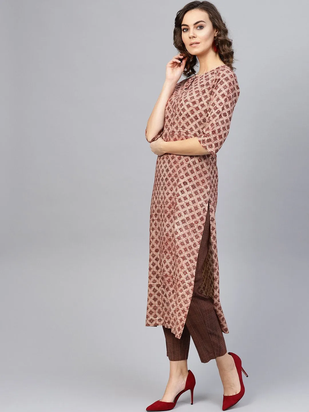 Women Beige & Brown Printed Kurta With Trousers