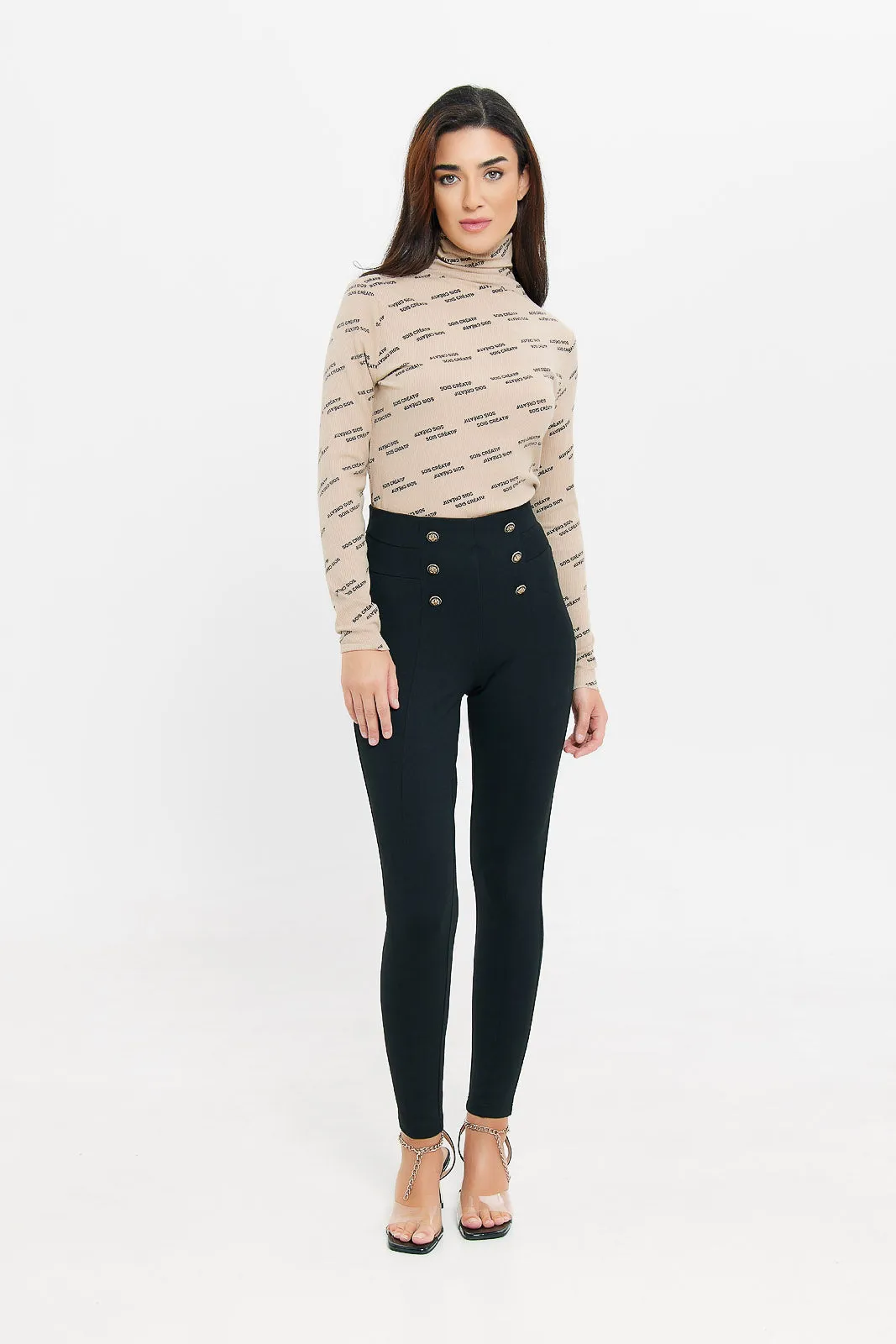 Women Beige Printed High-Neck Top