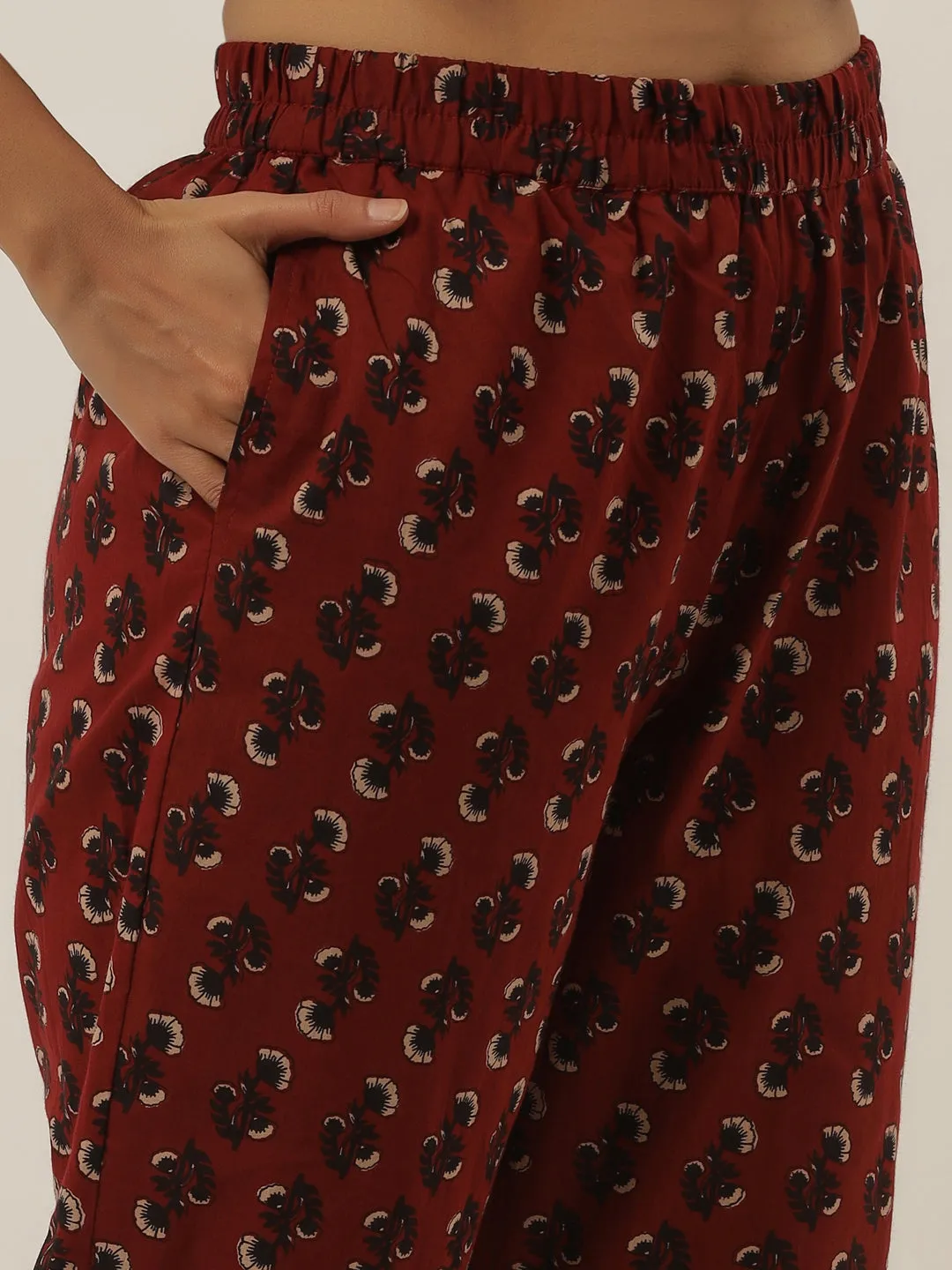 Women Black And Maroon Cotton Kurta Set With Dupatta