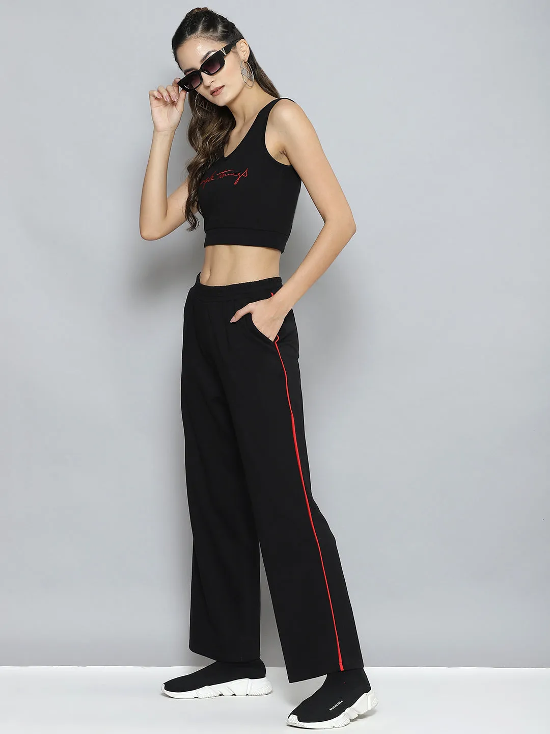 Women Black Terry Active Tank Top With Track Pants