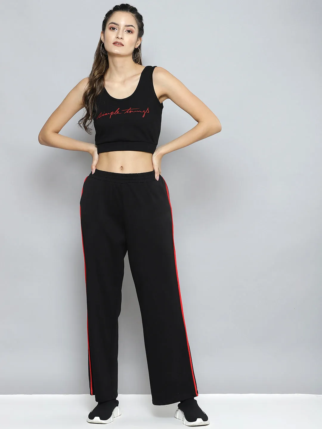 Women Black Terry Active Tank Top With Track Pants