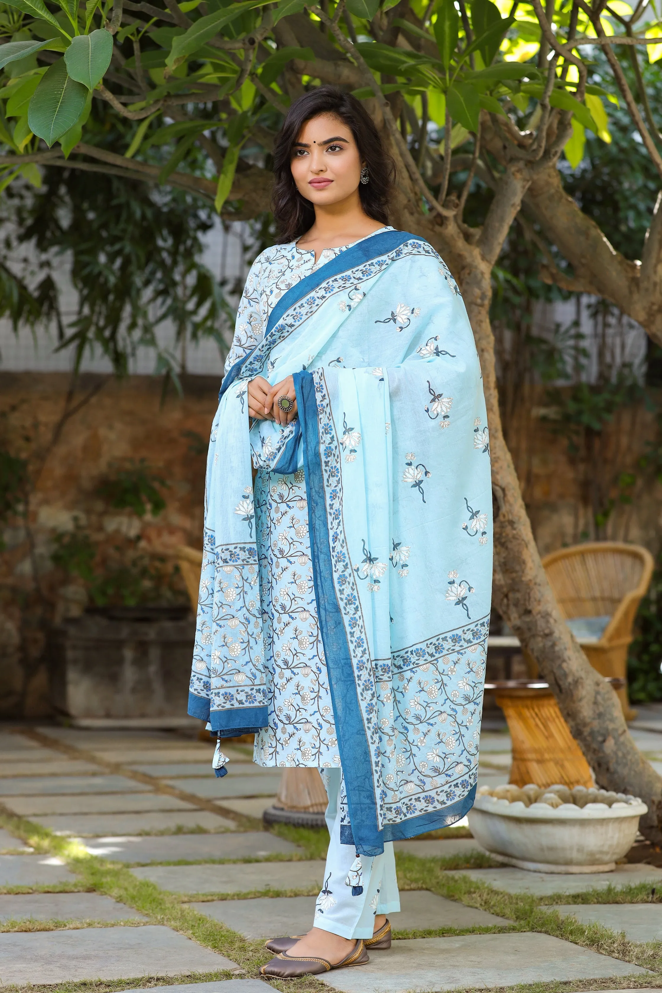 Women Blue & Offwhite Printed Dupatta Set