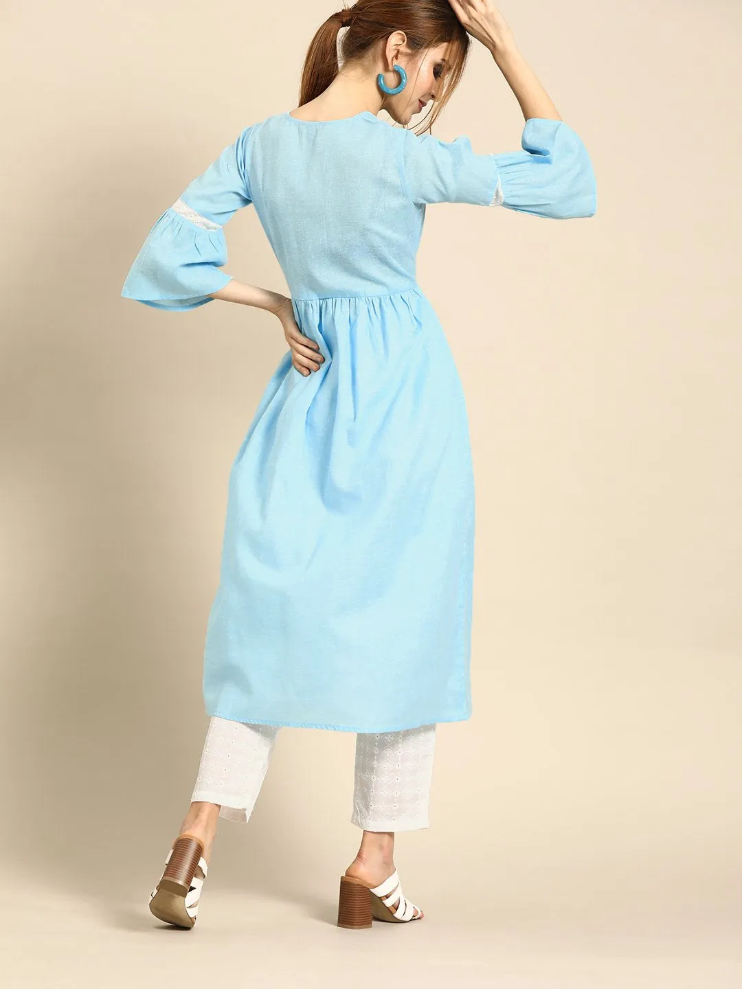 Women Blue & White Solid Kurta With Schiffli Trousers