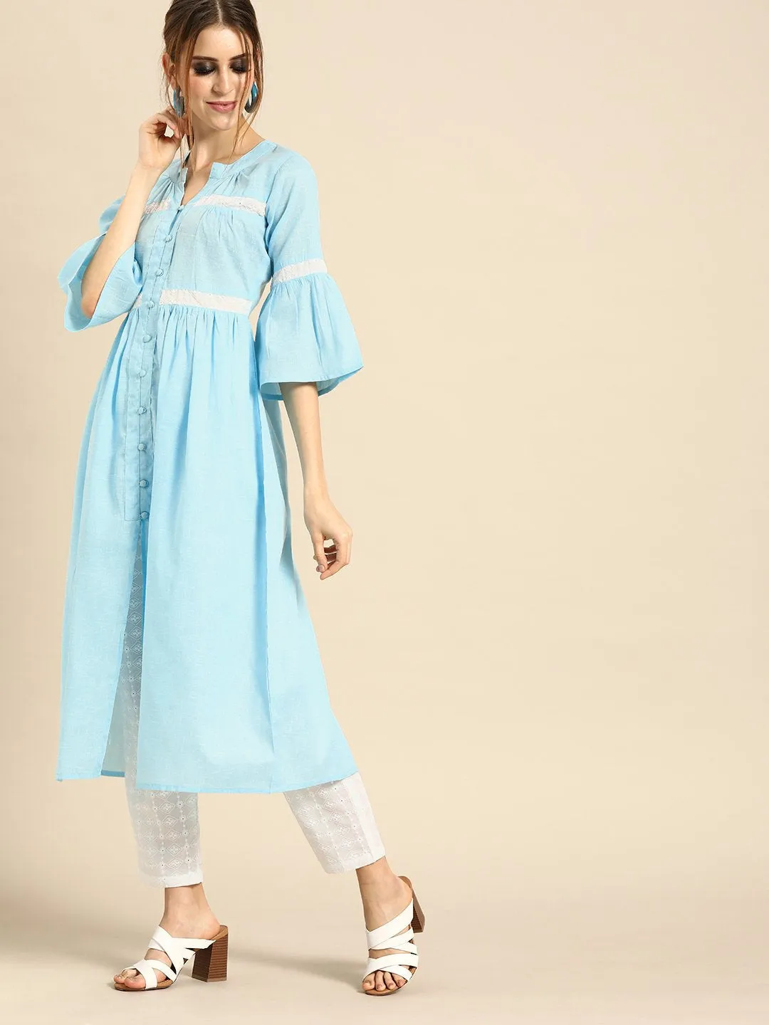 Women Blue & White Solid Kurta With Schiffli Trousers