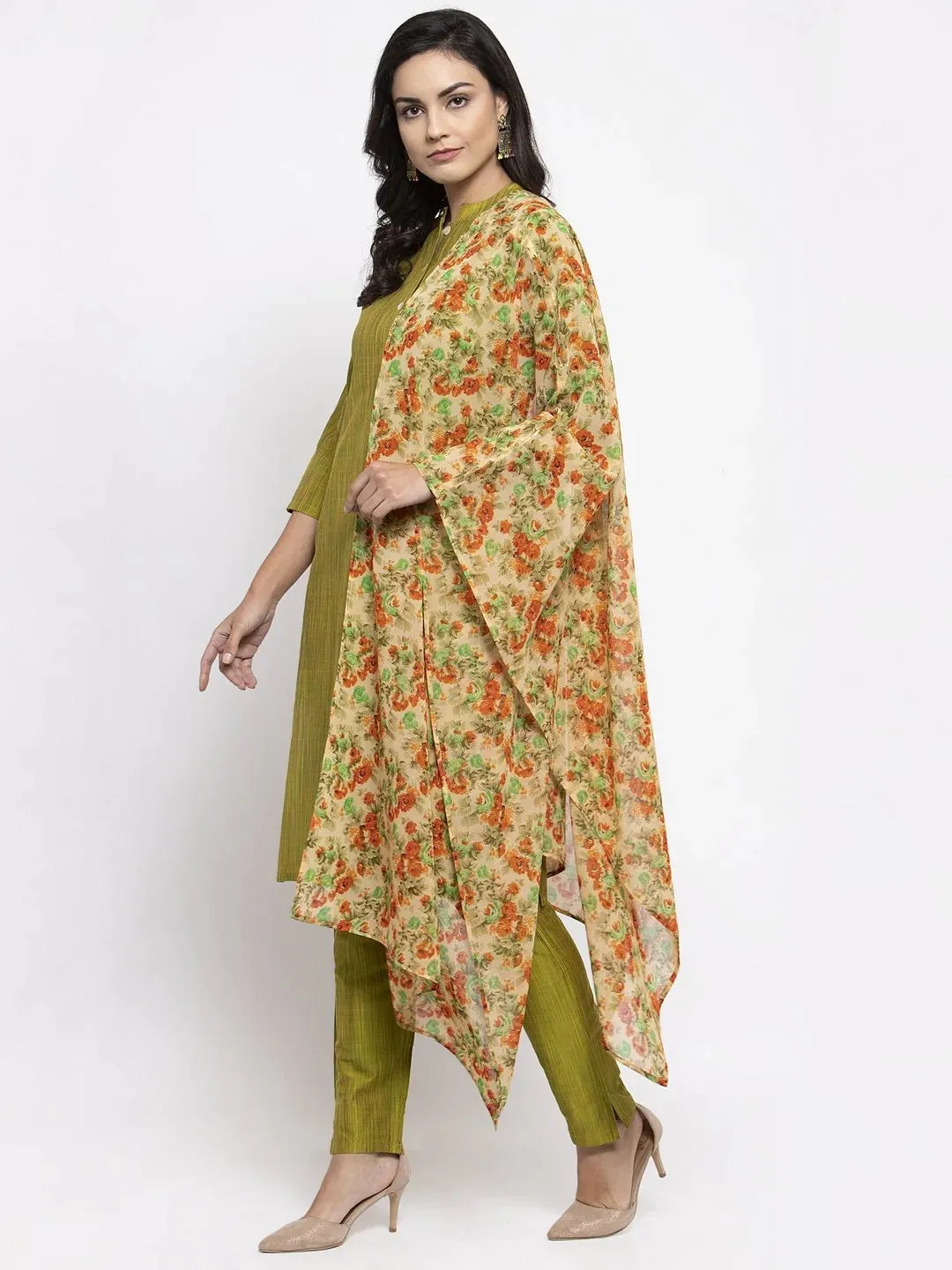 Women Green Self-Striped Kurta With Trousers & Floral Georgette Dupatta