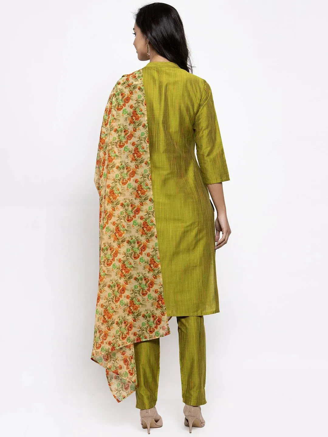 Women Green Self-Striped Kurta With Trousers & Floral Georgette Dupatta