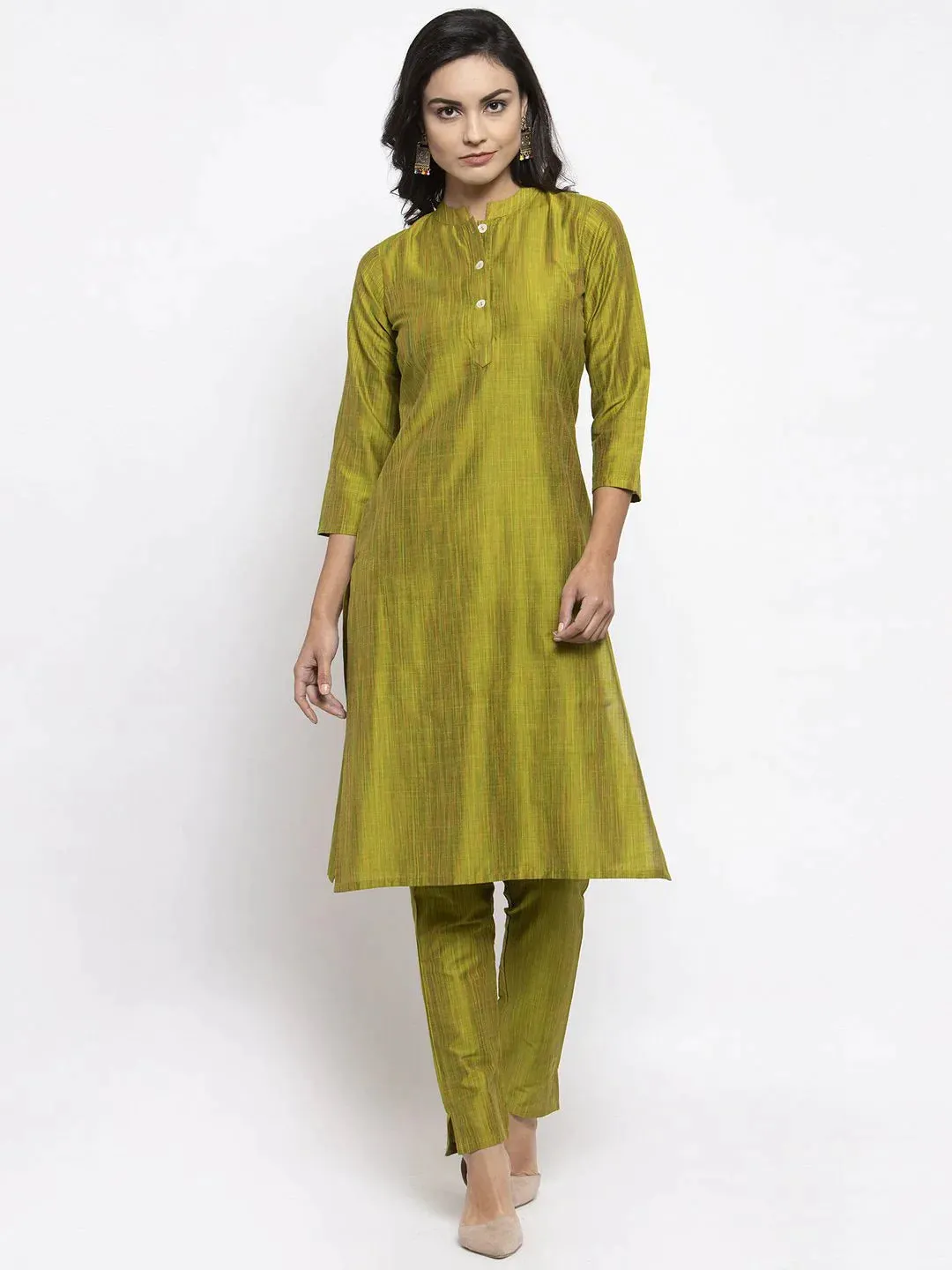 Women Green Self-Striped Kurta With Trousers & Floral Georgette Dupatta