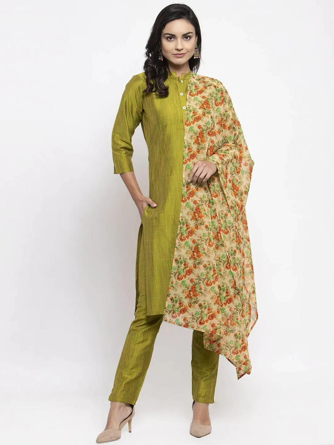 Women Green Self-Striped Kurta With Trousers & Floral Georgette Dupatta