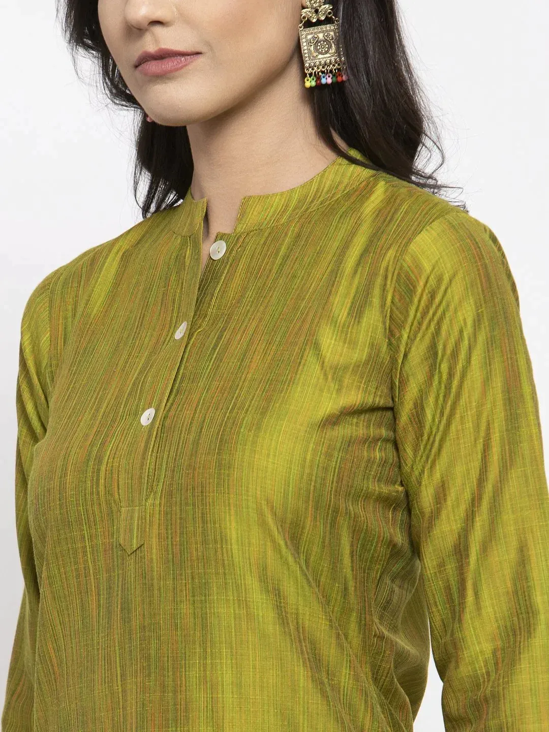 Women Green Self-Striped Kurta With Trousers & Floral Georgette Dupatta