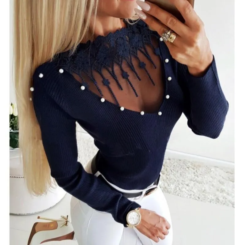 Women Knitted Lace Patchwork Slim Fit Tops