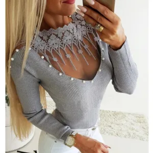 Women Knitted Lace Patchwork Slim Fit Tops