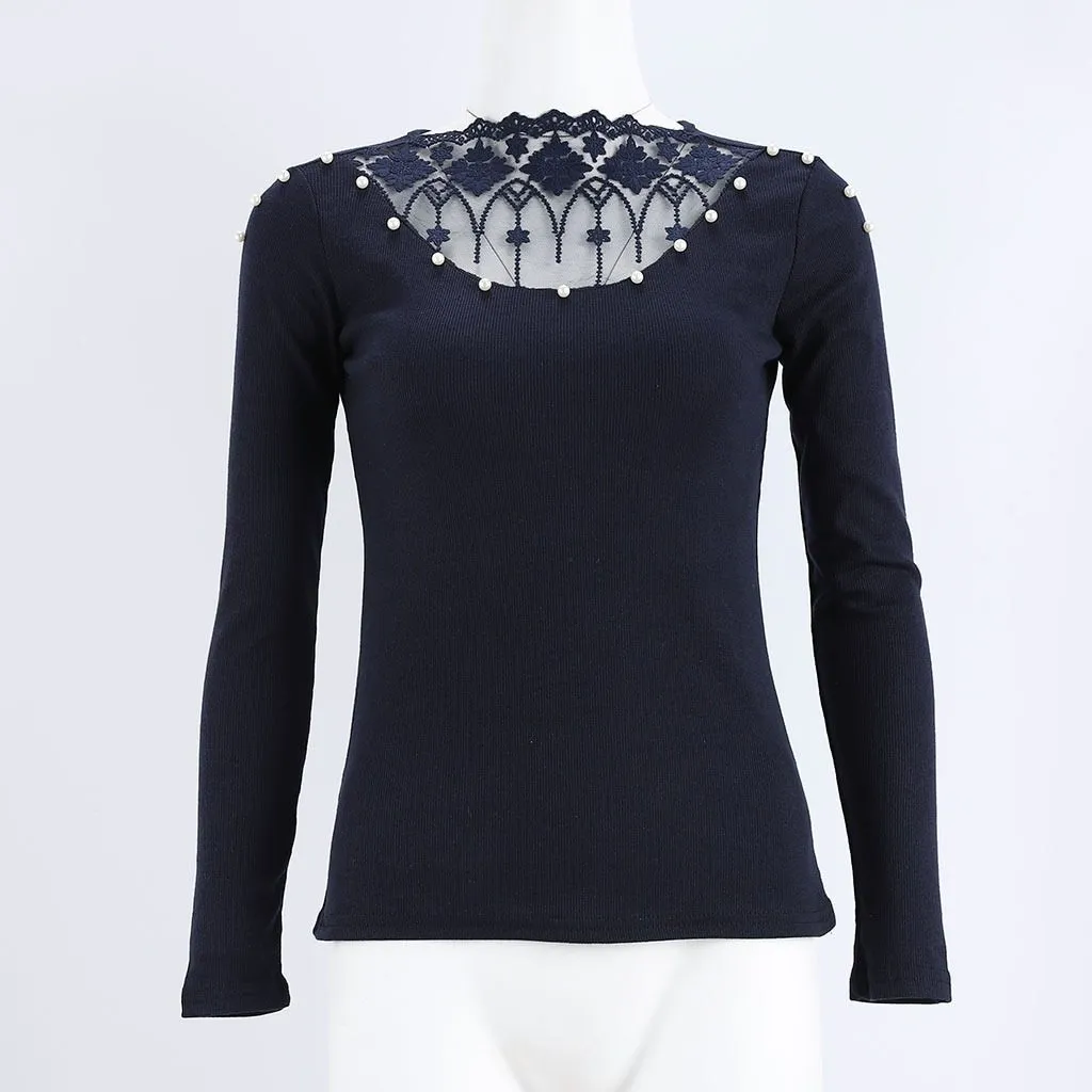 Women Knitted Lace Patchwork Slim Fit Tops