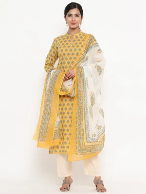 Women Lemon Yellow And White Printed Cotton Kurta With Trouser & Dupatta