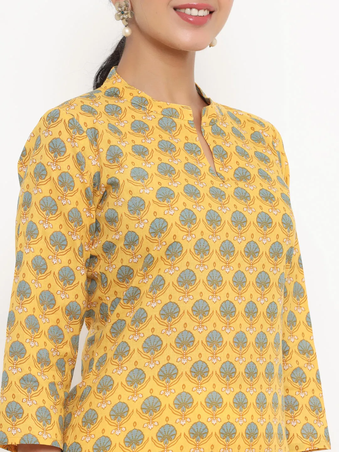 Women Lemon Yellow And White Printed Cotton Kurta With Trouser & Dupatta