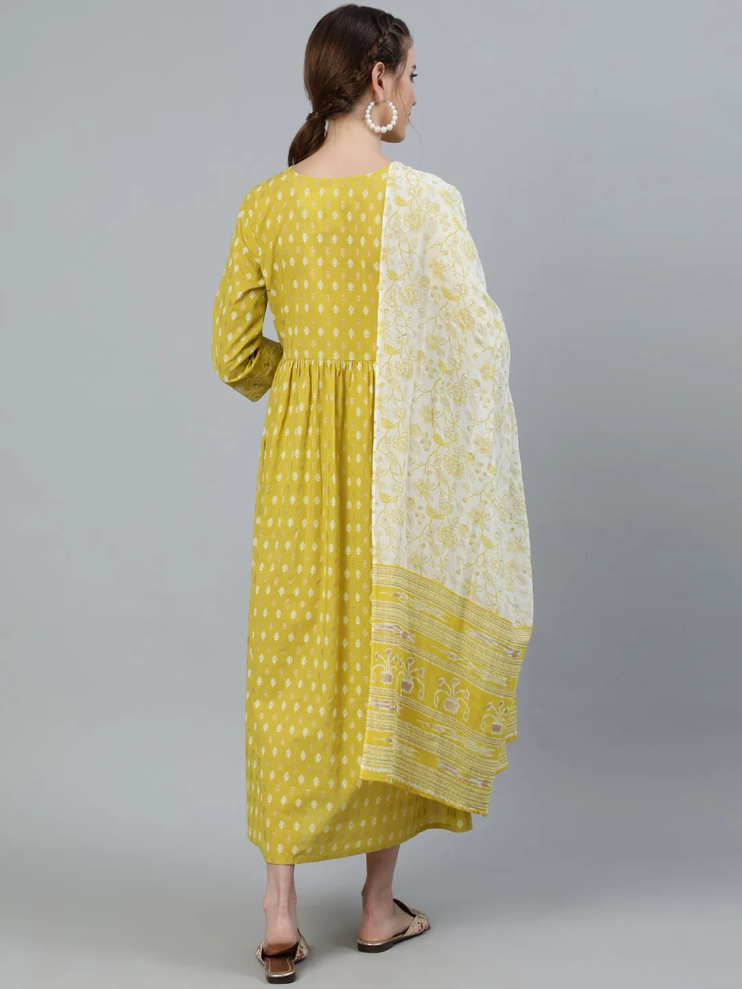 Women Lime Green & Gold Indigo Printed Maternity Dress With Three Quarter Sleeves & Dupatta