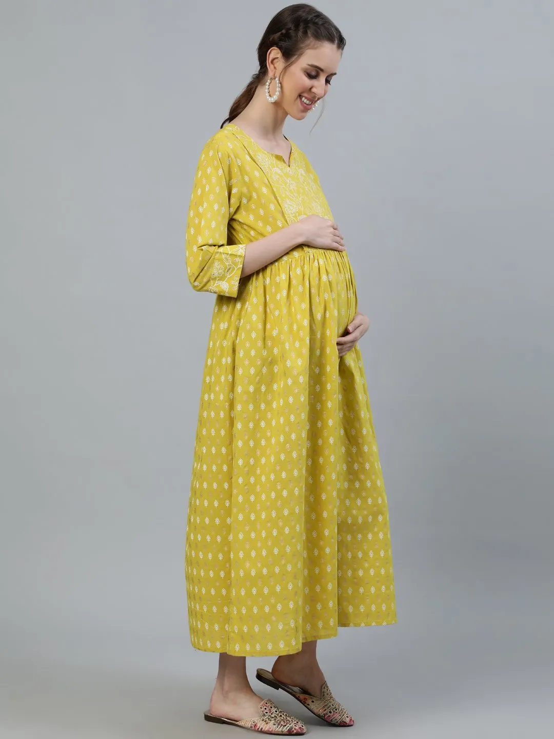 Women Lime Green & Gold Indigo Printed Maternity Dress With Three Quarter Sleeves & Dupatta