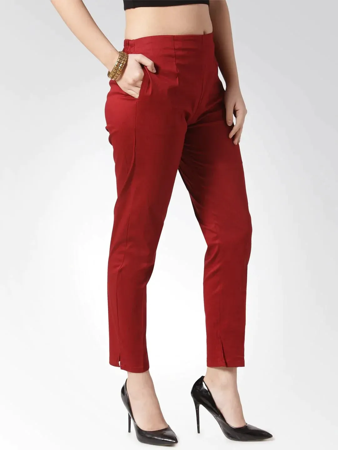 Women Maroon Smart Slim Fit Solid Regular Trousers